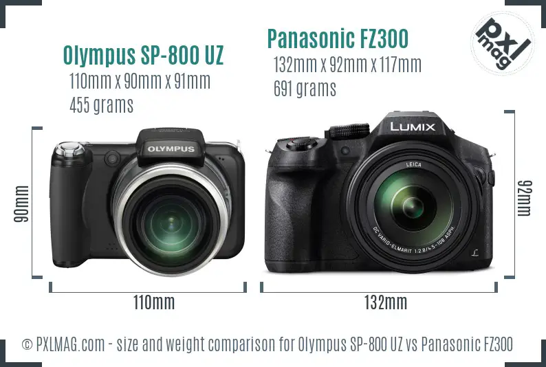 Olympus SP-800 UZ vs Panasonic FZ300 size comparison