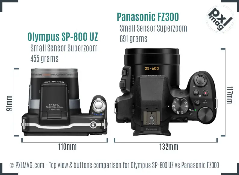 Olympus SP-800 UZ vs Panasonic FZ300 top view buttons comparison
