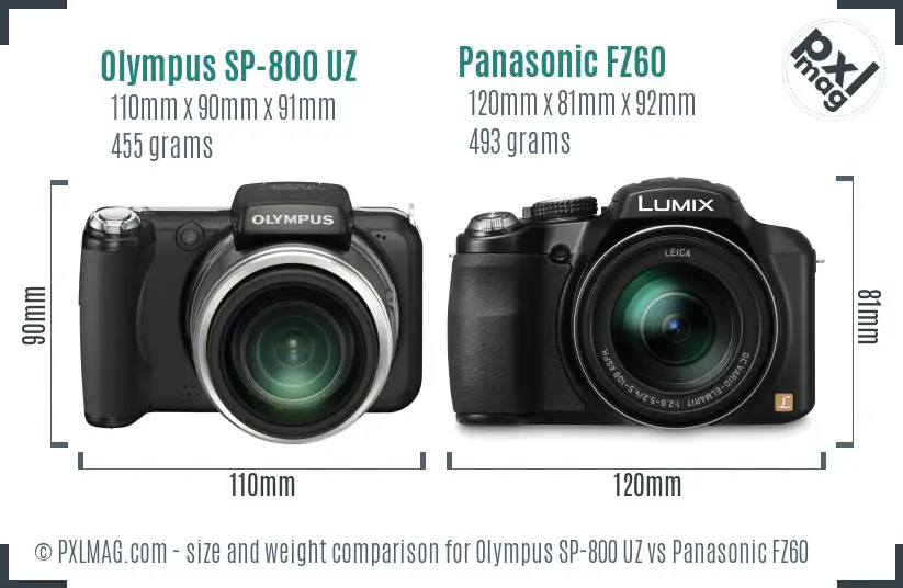 Olympus SP-800 UZ vs Panasonic FZ60 size comparison