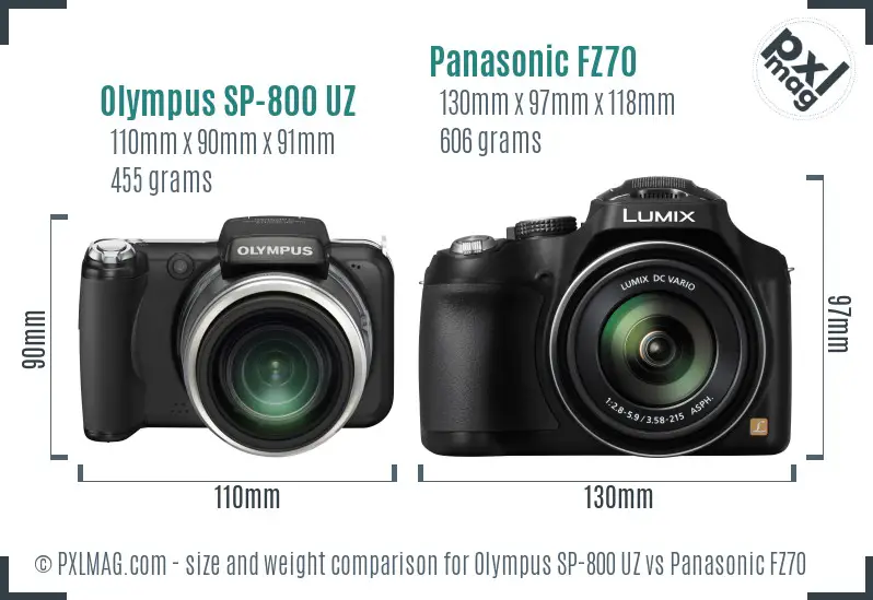 Olympus SP-800 UZ vs Panasonic FZ70 size comparison