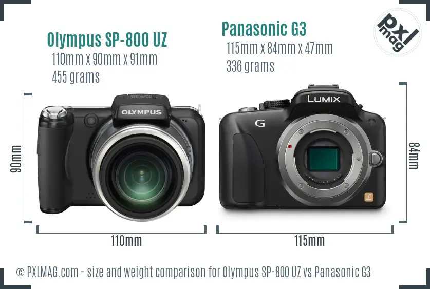 Olympus SP-800 UZ vs Panasonic G3 size comparison