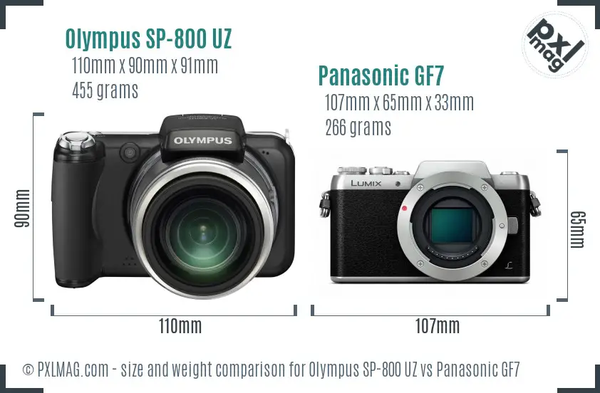 Olympus SP-800 UZ vs Panasonic GF7 size comparison