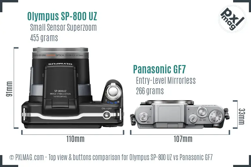 Olympus SP-800 UZ vs Panasonic GF7 top view buttons comparison