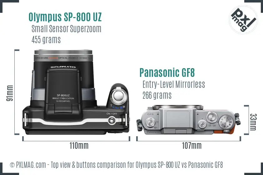 Olympus SP-800 UZ vs Panasonic GF8 top view buttons comparison