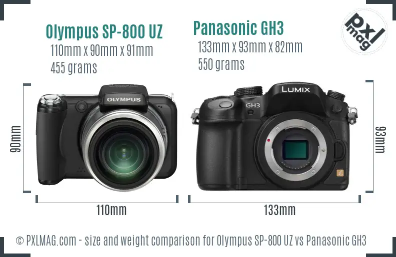 Olympus SP-800 UZ vs Panasonic GH3 size comparison