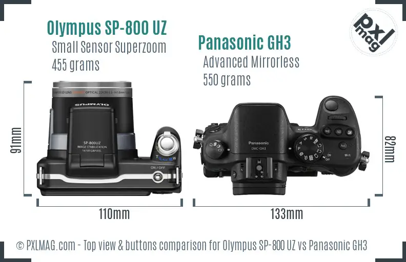 Olympus SP-800 UZ vs Panasonic GH3 top view buttons comparison