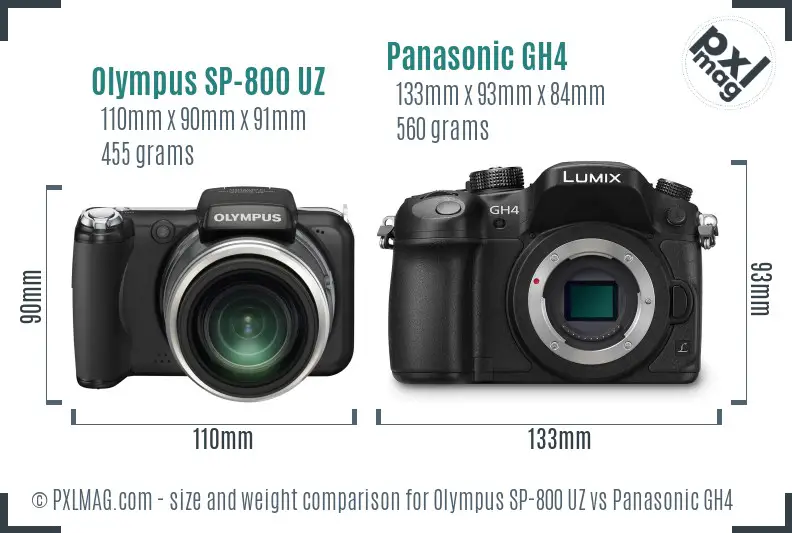 Olympus SP-800 UZ vs Panasonic GH4 size comparison