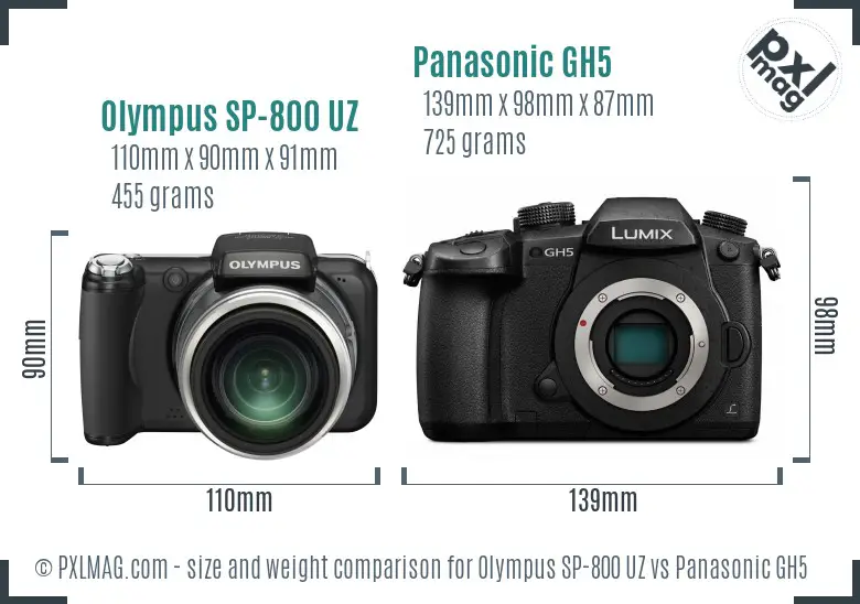 Olympus SP-800 UZ vs Panasonic GH5 size comparison