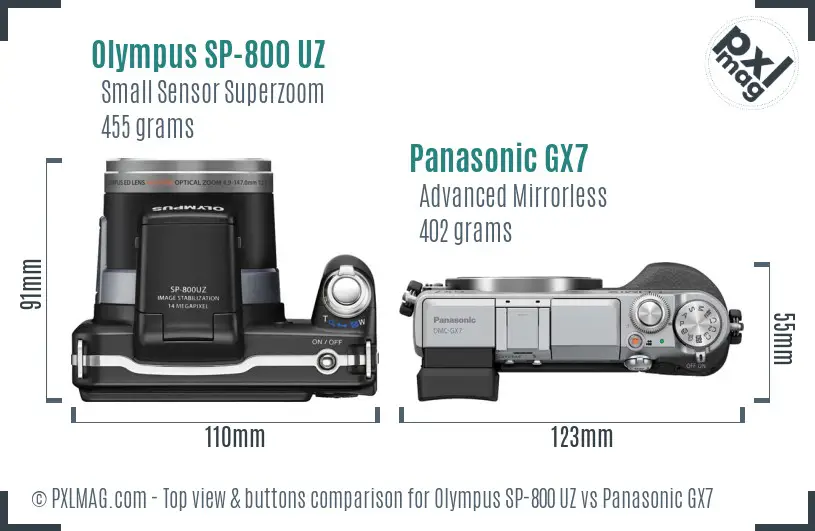 Olympus SP-800 UZ vs Panasonic GX7 top view buttons comparison