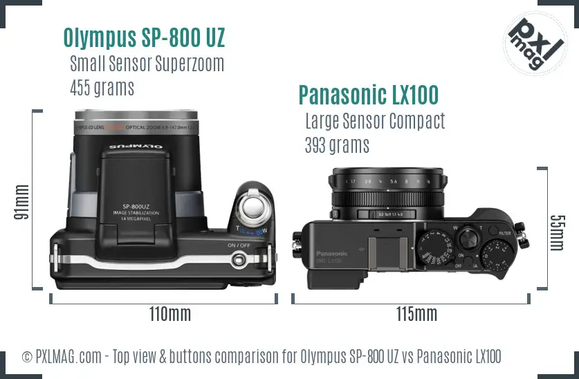 Olympus SP-800 UZ vs Panasonic LX100 top view buttons comparison