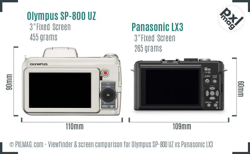 Olympus SP-800 UZ vs Panasonic LX3 Screen and Viewfinder comparison