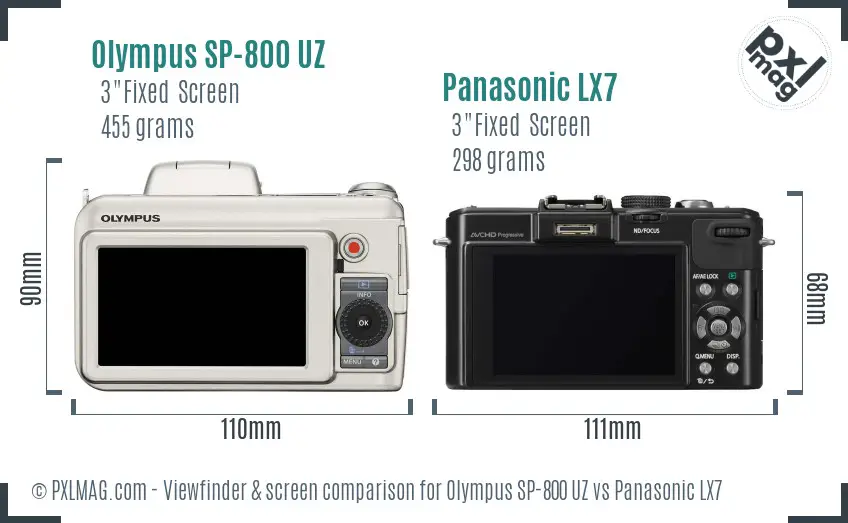 Olympus SP-800 UZ vs Panasonic LX7 Screen and Viewfinder comparison