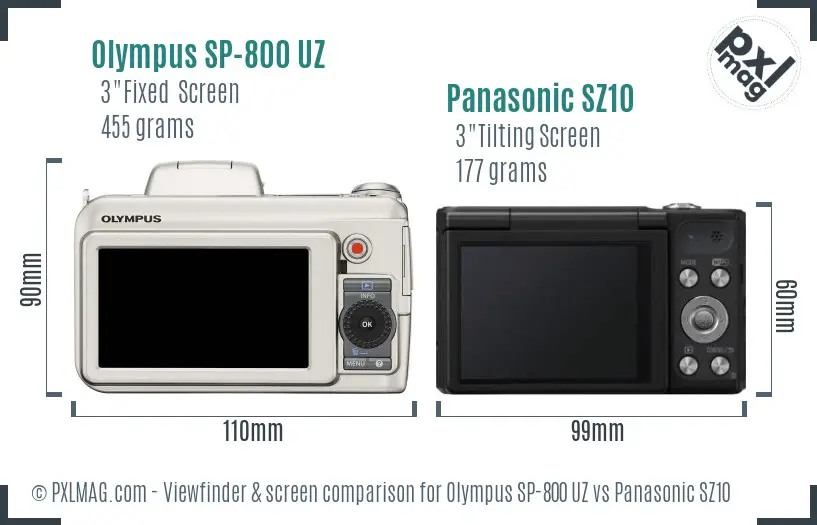 Olympus SP-800 UZ vs Panasonic SZ10 Screen and Viewfinder comparison