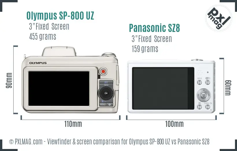 Olympus SP-800 UZ vs Panasonic SZ8 Screen and Viewfinder comparison