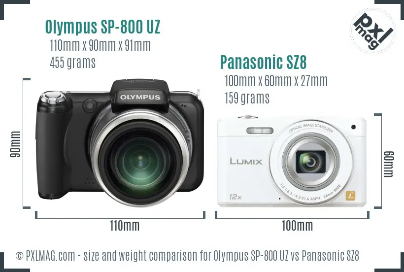 Olympus SP-800 UZ vs Panasonic SZ8 size comparison