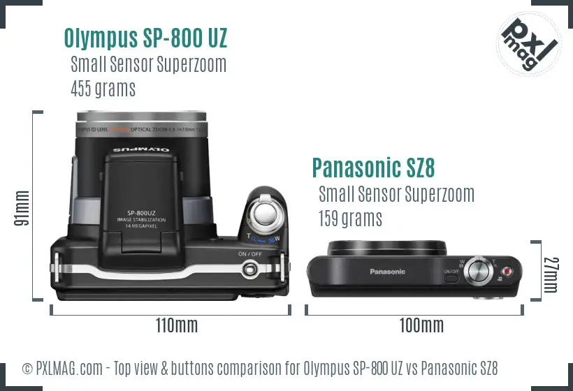 Olympus SP-800 UZ vs Panasonic SZ8 top view buttons comparison