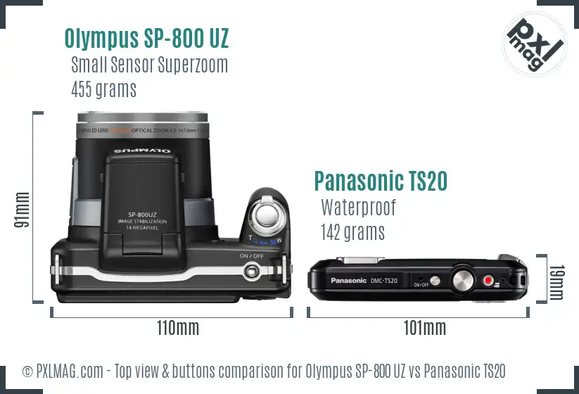 Olympus SP-800 UZ vs Panasonic TS20 top view buttons comparison