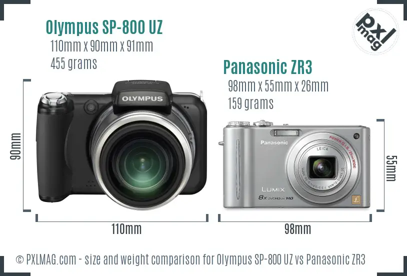 Olympus SP-800 UZ vs Panasonic ZR3 size comparison
