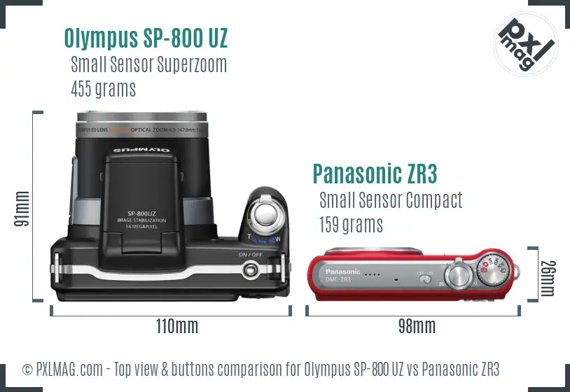 Olympus SP-800 UZ vs Panasonic ZR3 top view buttons comparison