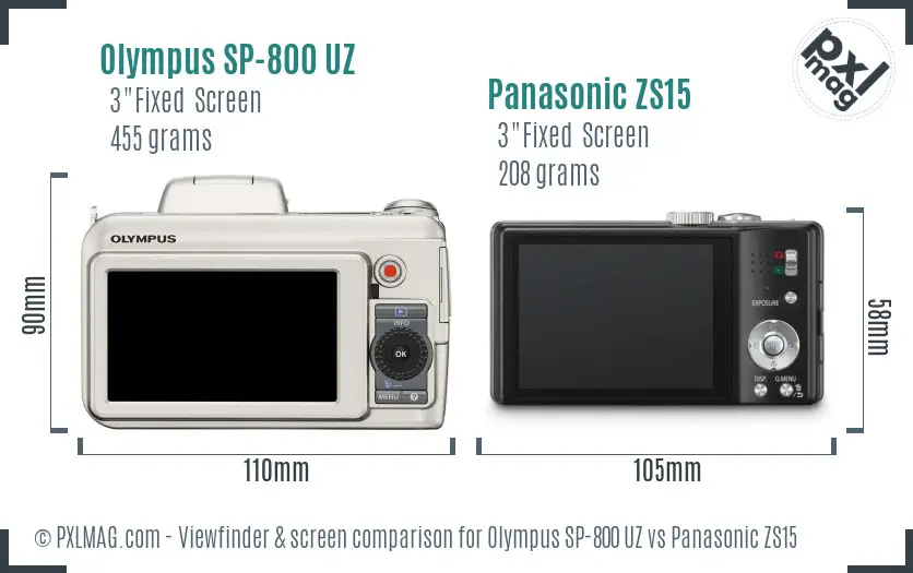Olympus SP-800 UZ vs Panasonic ZS15 Screen and Viewfinder comparison