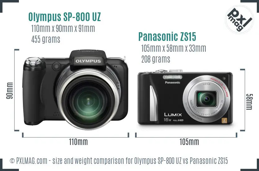 Olympus SP-800 UZ vs Panasonic ZS15 size comparison
