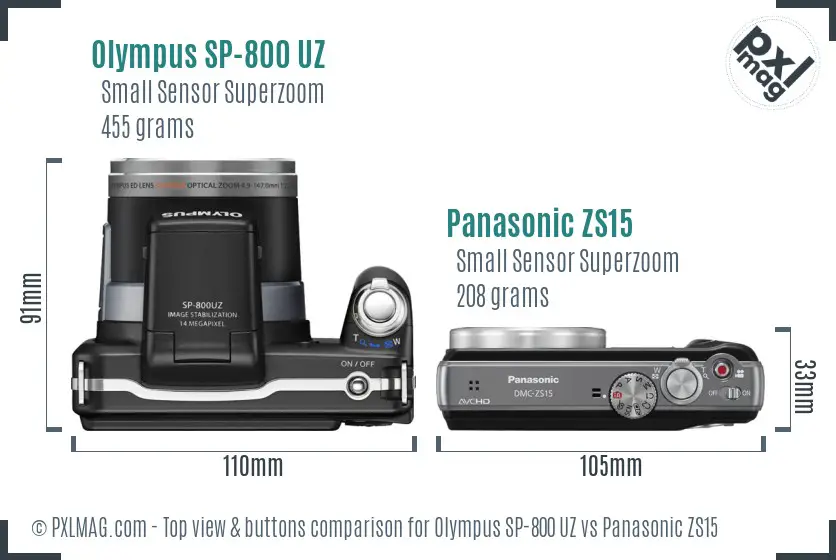 Olympus SP-800 UZ vs Panasonic ZS15 top view buttons comparison