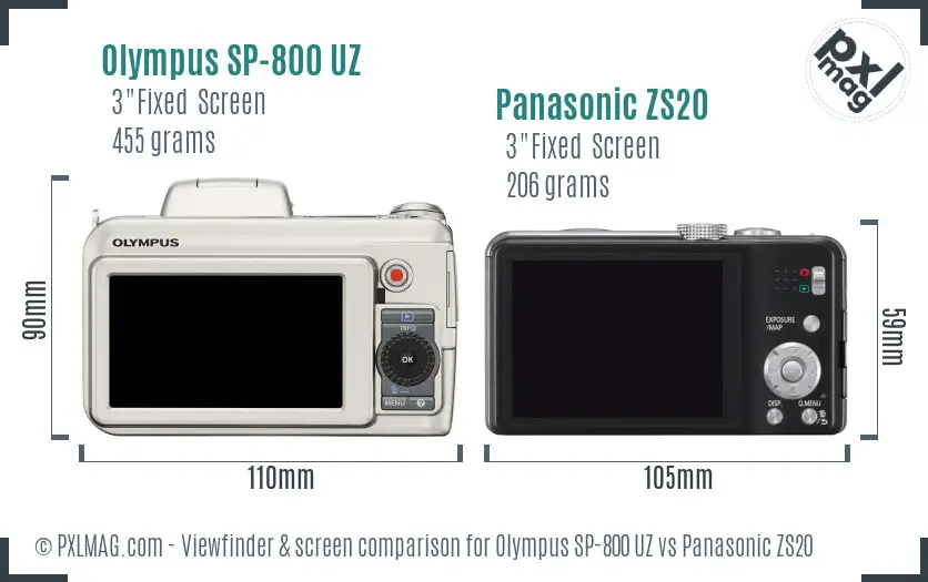 Olympus SP-800 UZ vs Panasonic ZS20 Screen and Viewfinder comparison
