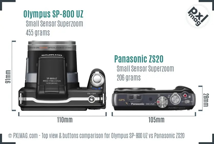 Olympus SP-800 UZ vs Panasonic ZS20 top view buttons comparison