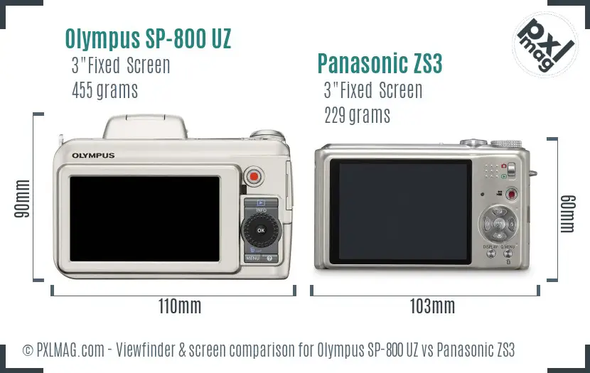 Olympus SP-800 UZ vs Panasonic ZS3 Screen and Viewfinder comparison