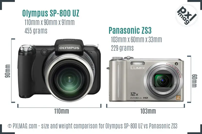 Olympus SP-800 UZ vs Panasonic ZS3 size comparison