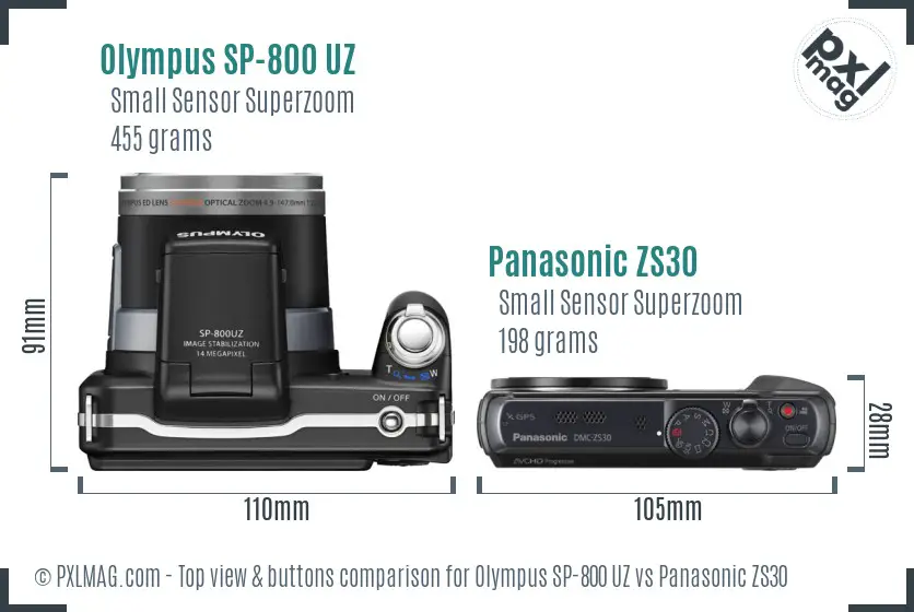 Olympus SP-800 UZ vs Panasonic ZS30 top view buttons comparison
