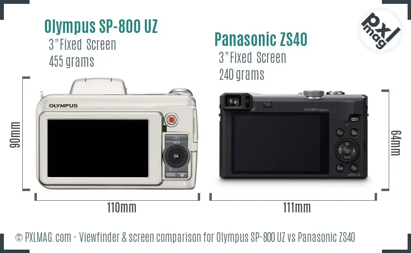 Olympus SP-800 UZ vs Panasonic ZS40 Screen and Viewfinder comparison