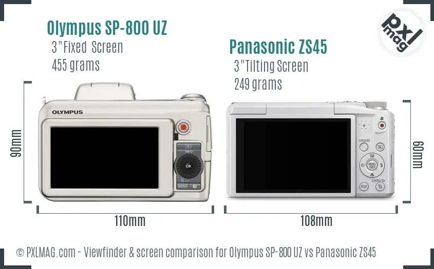 Olympus SP-800 UZ vs Panasonic ZS45 Screen and Viewfinder comparison