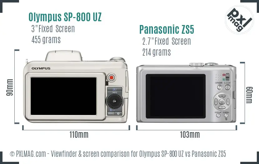 Olympus SP-800 UZ vs Panasonic ZS5 Screen and Viewfinder comparison