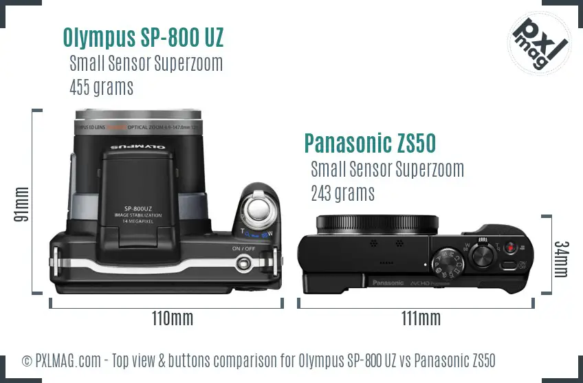 Olympus SP-800 UZ vs Panasonic ZS50 top view buttons comparison