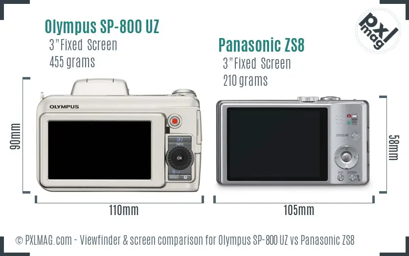 Olympus SP-800 UZ vs Panasonic ZS8 Screen and Viewfinder comparison
