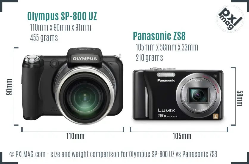 Olympus SP-800 UZ vs Panasonic ZS8 size comparison