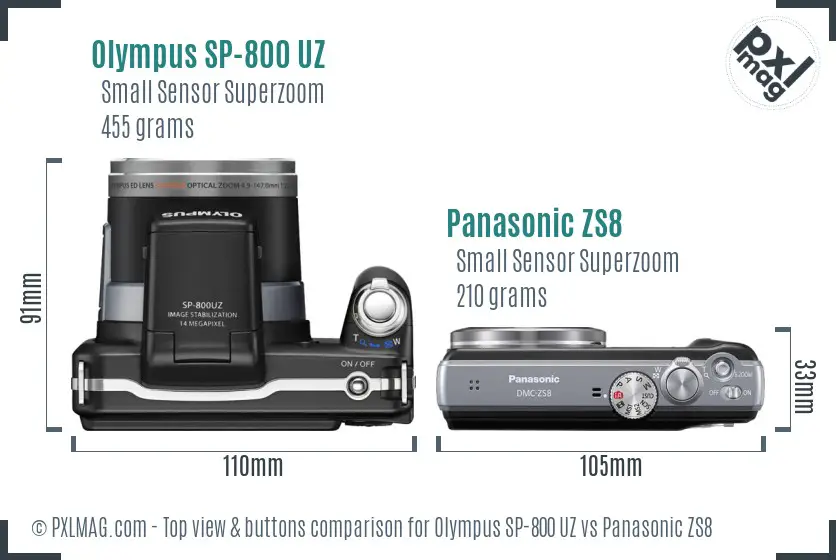 Olympus SP-800 UZ vs Panasonic ZS8 top view buttons comparison