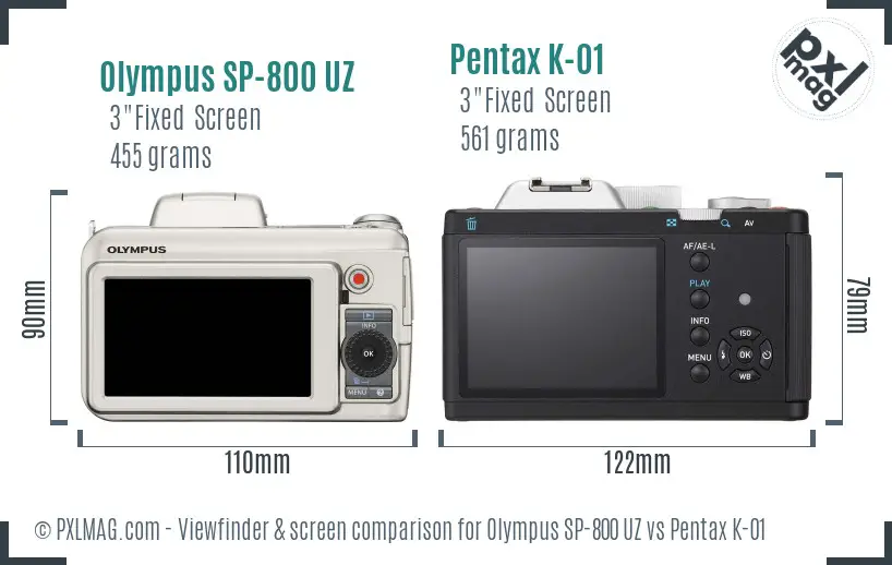 Olympus SP-800 UZ vs Pentax K-01 Screen and Viewfinder comparison