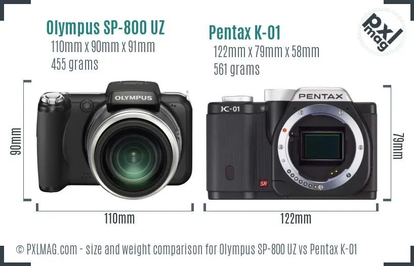 Olympus SP-800 UZ vs Pentax K-01 size comparison