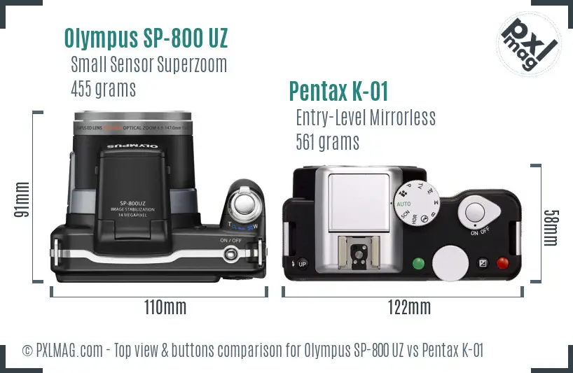 Olympus SP-800 UZ vs Pentax K-01 top view buttons comparison
