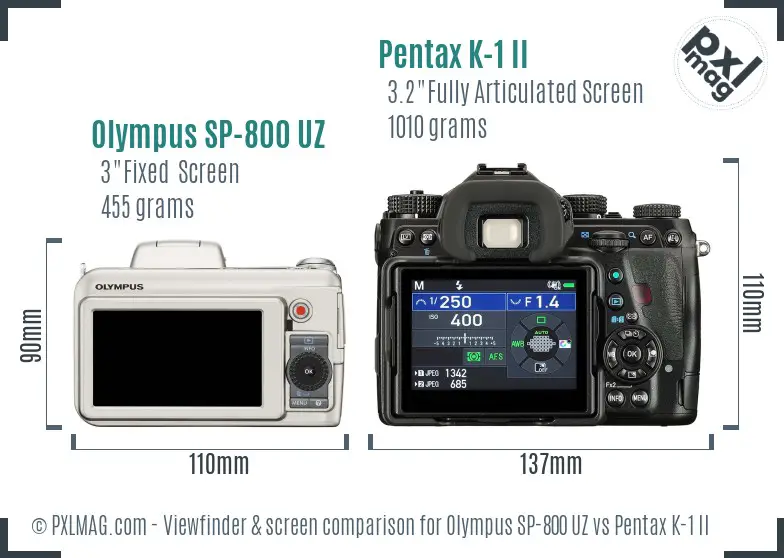 Olympus SP-800 UZ vs Pentax K-1 II Screen and Viewfinder comparison