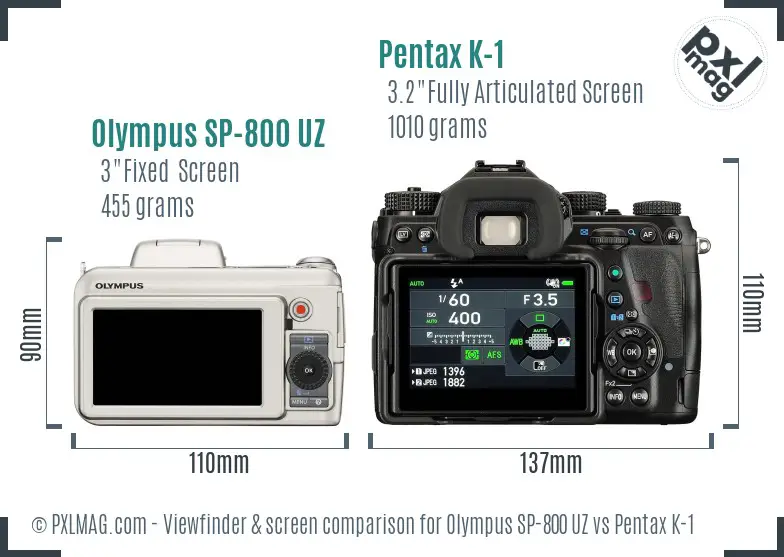Olympus SP-800 UZ vs Pentax K-1 Screen and Viewfinder comparison