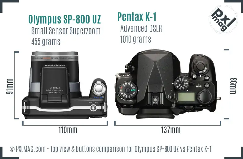 Olympus SP-800 UZ vs Pentax K-1 top view buttons comparison