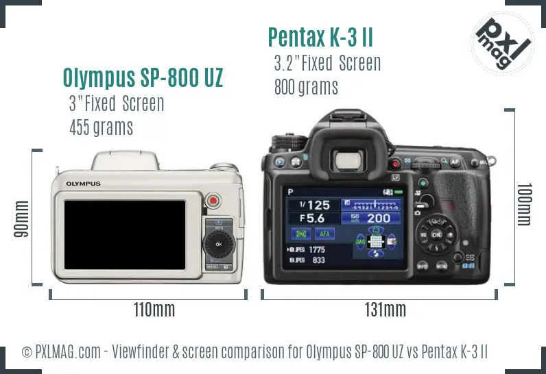 Olympus SP-800 UZ vs Pentax K-3 II Screen and Viewfinder comparison