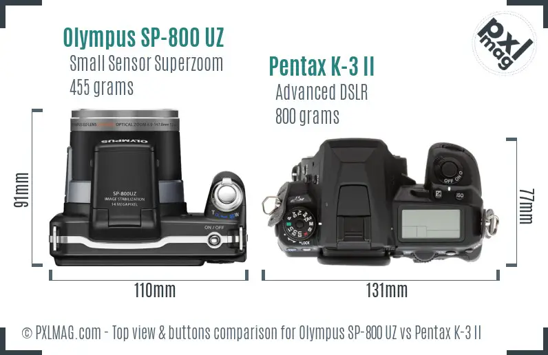 Olympus SP-800 UZ vs Pentax K-3 II top view buttons comparison