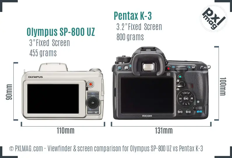 Olympus SP-800 UZ vs Pentax K-3 Screen and Viewfinder comparison