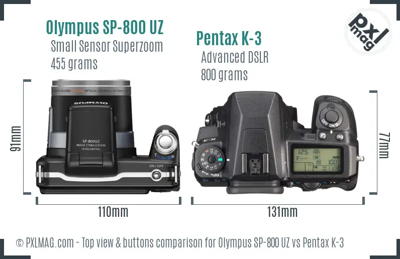 Olympus SP-800 UZ vs Pentax K-3 top view buttons comparison