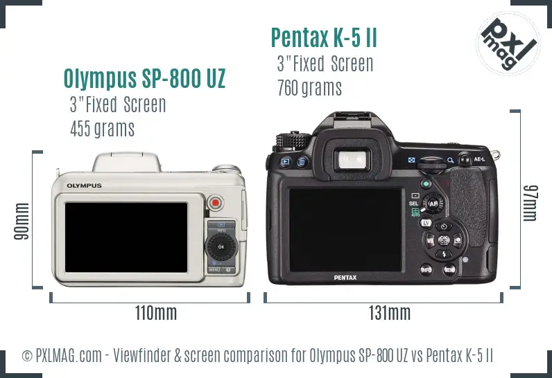 Olympus SP-800 UZ vs Pentax K-5 II Screen and Viewfinder comparison