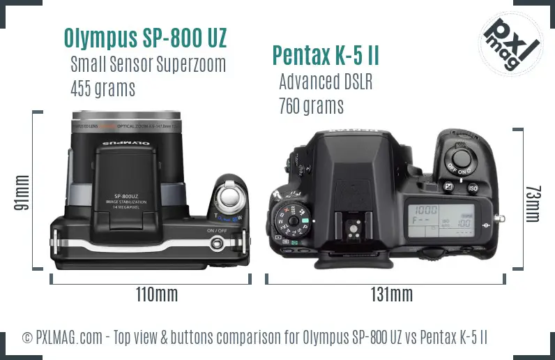 Olympus SP-800 UZ vs Pentax K-5 II top view buttons comparison